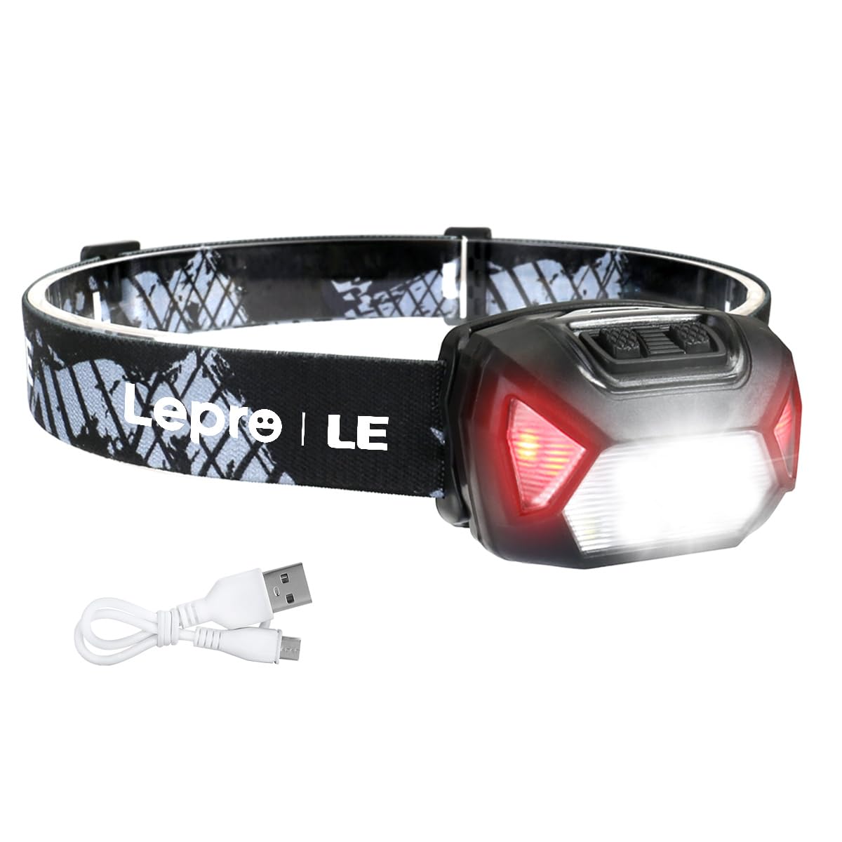 Lepro Stirnlampe LED Wiederaufladbar, 2000 Lux Superhell Kopflampe Stirnlampe mit Rotlicht und 6 Lichtmodi, IPX4 Wasserdicht Stirnleuchte, Ideal für Camping&Joggen, Schwarz [inkl. USB Kabel]