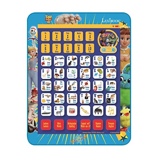 LEXIBOOK Disney Story 4 Woody Buzz Educational Bilingual Interactive Tablet, Toy to Learn Alphabet Letters Numbers Words Spelling and Music, English/French, Blue/Yellow, JCPAD002TSi1