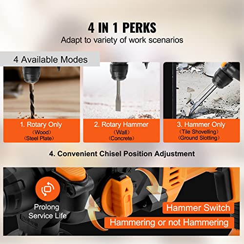 Vevor 1 INCH SDS-PLUS ROTARY HAMMER DRILL 8 Amp Corded Drills, Heavy Duty Chipping Hammers W/Safety Clutch, Electric Demolition Hammers, Taladro Rotomartillo, Power Tool thumb #4