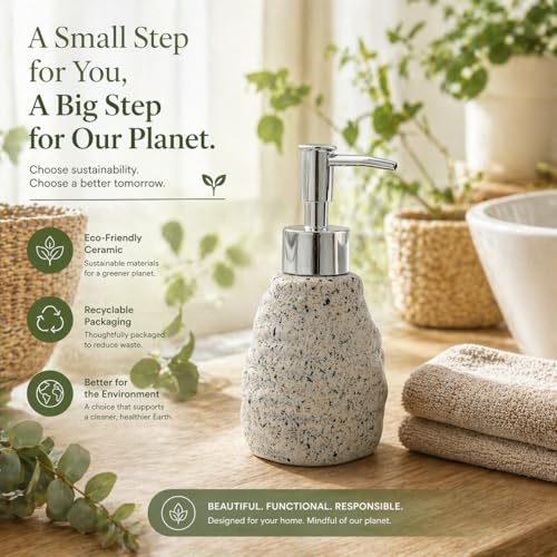Image of Whizzo Premium Textured Ceramic Soap Dispenser for Bathroom & Kitchen | Refillable Lotion Dispenser with Chrome Pump | Modern Speckled Design | Durable, Stylish & Eco-Friendly (300ML, LD-214, White)