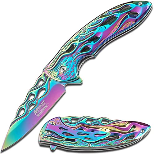 MT-A822RB RAINBOW FINISH NRtstaQHS SPRING ASSISTED 8kTq1Y OPENING KNIFE WITH FLAMING HANDLE ajuiioptr 4567fffg 567ybghjk Mtech Ballistic Assisted Opening KnifeSpring Assisted Opening Knife4.75" Closed Length3.25" Rainbow Stainless Steel Blade3MM Thic