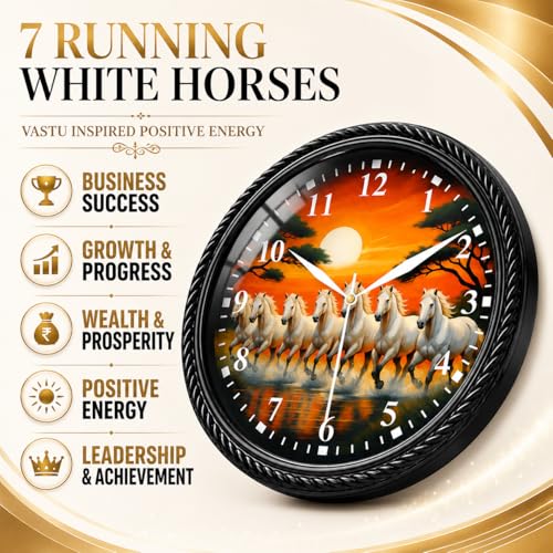 Image of 10 Inch-7 Running White Horses Wall Clock 10 Inch | Vastu Positive Energy Horse Clock for Living Room, Office, Shop & Reception | HD Printed Analog Wall Clock with Adhesive Hook