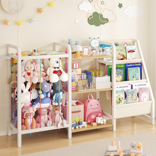 Image of CYXPHION B1 Kids Bookshelf and Toy Storage, 3-Tier Book Shelf for Kids Rooms, Sling Baby Bookcase with Stuffed Animal Storage, Montessori Toddler Bookshelf for Nursery, Bedroom, Playroom Burlywood