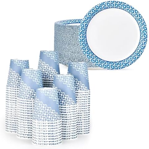 MUCHII 8.375 Inch Disposable Paper Plates, 300 Count and 8 oz Paper Cups, 300 Count Paper Coffee Cups Cover