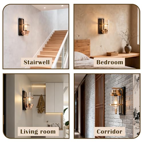 Image of Rose Gold and Black Wall Sconce, Modern Vanity Light Fixture | Hardwired,E26 base,mid-century clear glass sconce for mirror.hallway.bathroom.fireplace