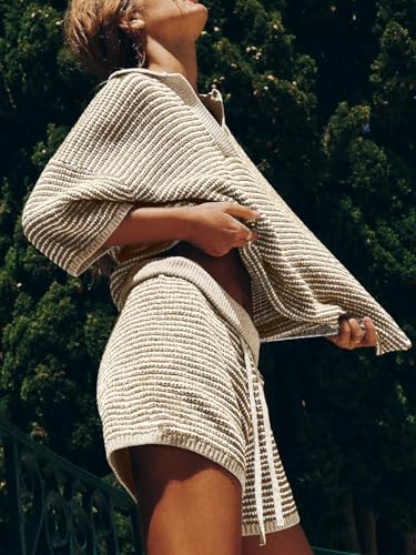 Image of Tankaneo Womens Sweater Set 2 Piece Outfits Oversized 3 /4 Sleeve V Neck Knit Tops High Waisted Shorts Lounge Sets