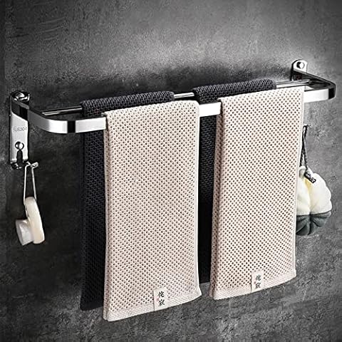 Towel Rail Dual Rod Self Adhesive,16-Inch 40cm Towel Rack Wall Mounted,with 2 Hooks,304 Stainless Steel,Anti-rust,Polished Finish,Towel Holder Hanger for Bathroom,Kitchen,Door,without Drilling,Silver Cover