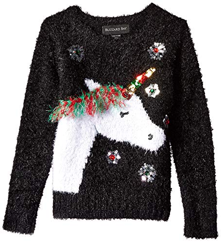 Blizzard Bay Girls Ugly Chrismas Sweater, Black/White/Unicorn Blizzard Bay Girls Ugly Chrismas Sweater, Black/White/Unicorn