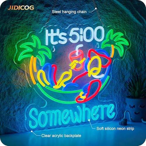 Image of Its 5 00 O'clock Somewhere Neon Sign Parrot Palm Tree Hammock It's Five Oclock Some Where Bar Beer LED Light Man Cave USB Powered Dimmable LED Sign (Green)