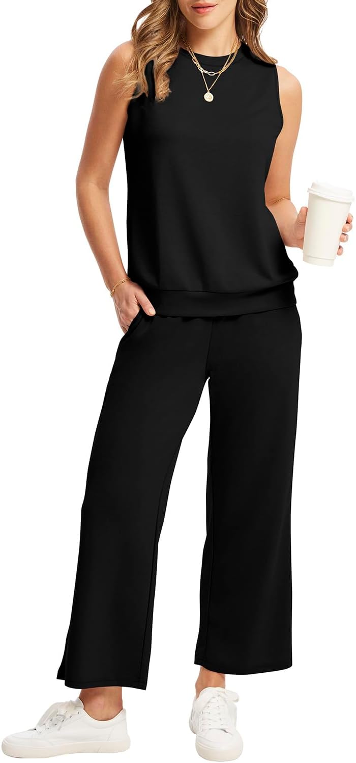 WIHOLL Two Piece Set for Women Summer Outfits Vacation Lounge Sets Round Neck Matching Sets Wide Leg Crop Pants