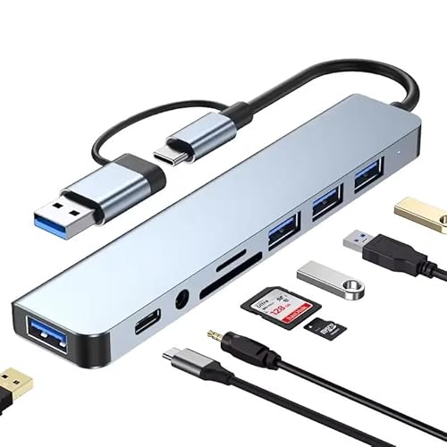 TVD DIGITAL Hub USB C 8 en 1 avec 4 ports, lecteur de carte SD/TF, jack casque 3,5 mm, port de données - Compatible avec Mac/Windows/Linux/Tablette/Smartphone