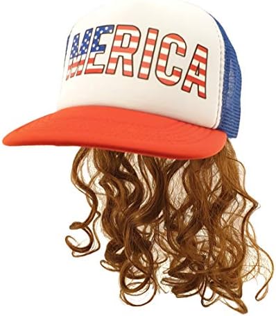 HandinHandCreations Plastic USA Mullet Hat Brown Wig Merica Redneck 4th of July All American Costume, One Size