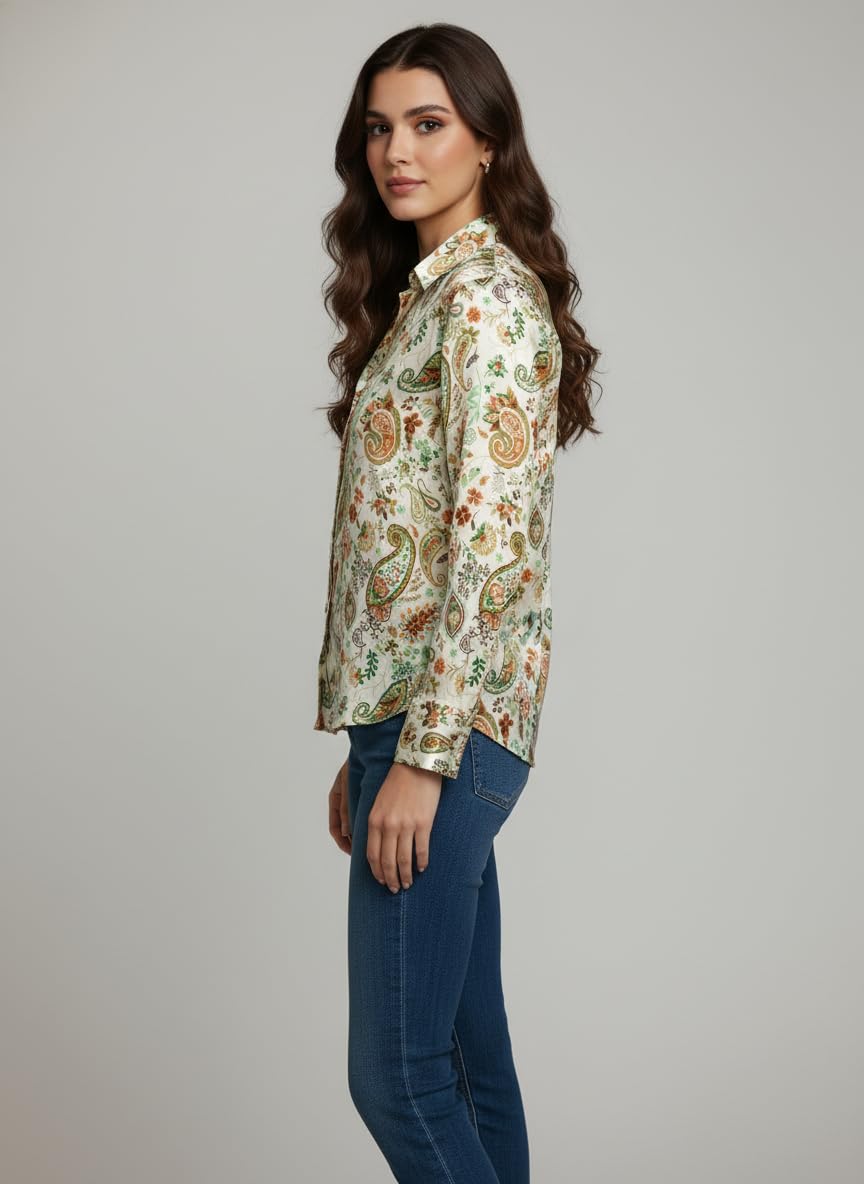 ANNI Designer Bedrucktes Damenhemd aus Baumwollmischgewebe, langärmelig, normale Passform, Kragen, legere Bürokleidung, elegante Western-Kleidung für den Alltag, Hochzeit, Party
