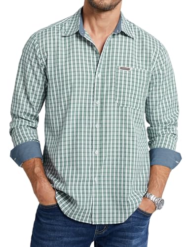 Enlision Camisa Cuadros Hombre Manga Larga Verde y Blanco