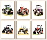 Nursery Farm Vehicles Tractors Wall Art Prints,Watercolor Farmland Truck Canvas Art Posters,Vehicle Tractor Pictures Wall Decor for Toddler Boys Room Decor Kids Bedroom Decor Home Decorations,Set of 6(8'x10'inch,Unframed).