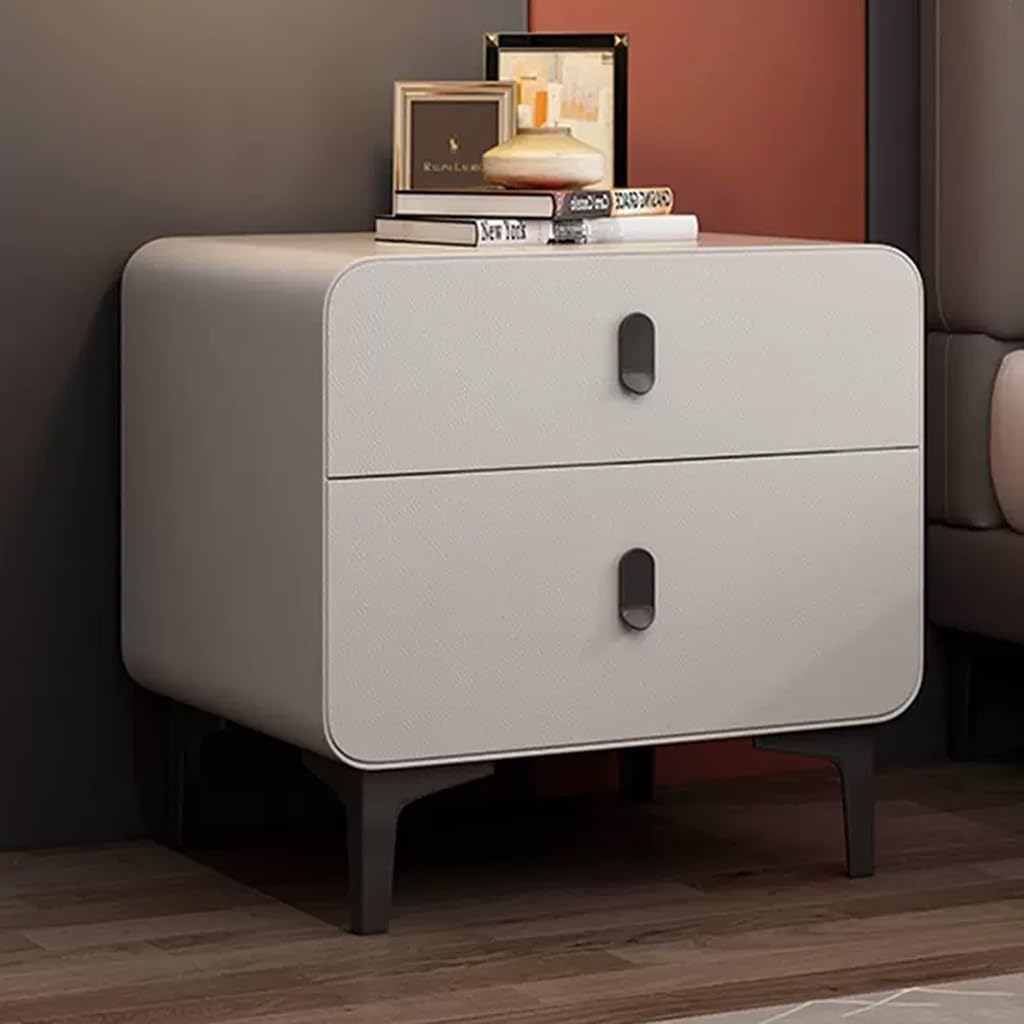 ASerZenith Modern Nightstand Wrapped By Leather,2 Drawer Dresser For Bedroom W/2 Drawers,Bedside Furniture,Night Stand,Light Gray-45Cm