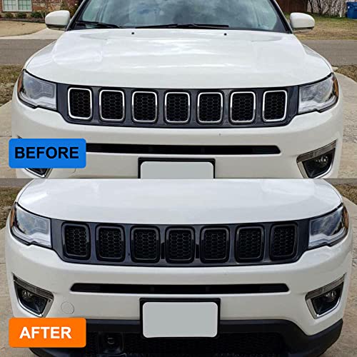 Image of Front Grille Grill Inserts Cover Compatible with Jeep Compass 2017 2018 2019 2020 2021 ABS Grill Cover Rings Frame Trims Kit 7PC (Glossy Black)
