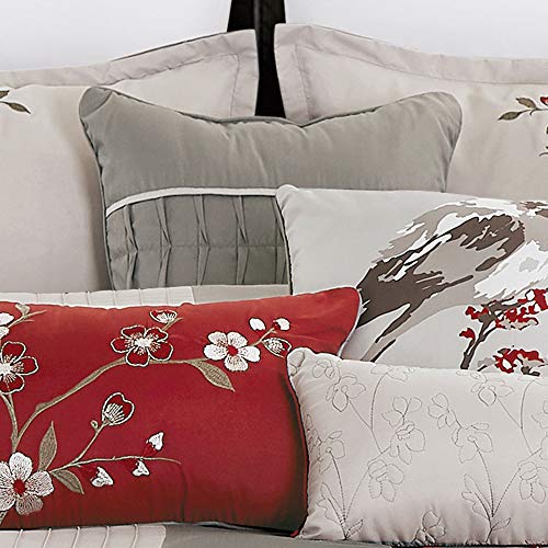 Hig 7 Pcs Embroidered Bedding Comforter Sets With Plum Blossom And Branch, Gray Elegant Patchwork Bed Set, Decorative Color Block Bed In A Bag With Down Alternative Filling, Microfiber, Queen (22070) #TOP5
