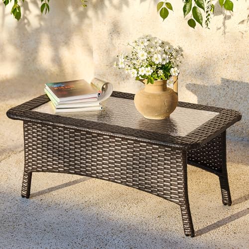 Tribesigns Outdoor Patio Furniture Set of Coffee Table 35.4 Patio Wicker Coffee Table with Tempered Glass Top Handwoven Rattan Coffee Table for Conversation Sets Poolside Deck Brown