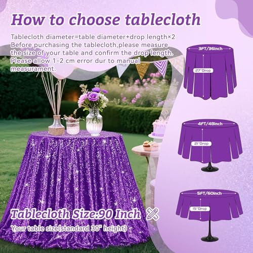 Image of B-COOL Sequin Tablecloth Round Party Decorations: Purple Table Cloth Overlay 90 Inch Sparkle Fabric for Birthday Beach Parties Halloween