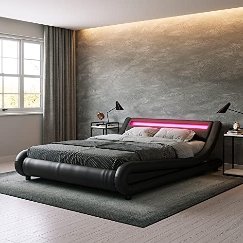 ZTOZZ Alvi Wave Like LED Bed Frame Twin Size - Contemporary Modern Curved PU upholstered Low Profile Platform Bed with Designer LED Lights headboard - Black Color