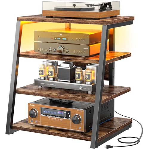 Armocity 4-Tier AV Media Stand with Power Strips, Stereo Stand with LED Lights, Audio Tower Rack with Adjustable Shelves, Small Entertainment Center, 30'', Rustic Brown