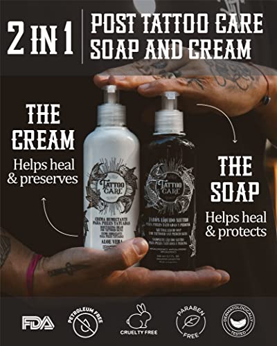 Tattoo Aftercare Kit. Cream & Soap. 6.7 Fl Oz Each. Heals + Protects + Brightens New & Old Tattoos. Vitamin A & E, Petroleum-Free, Paraben-Free. Tattoo Soap, Brightening, Moisturizer, Enhancing Cream. #TOP1