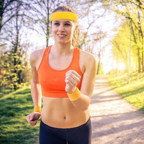 Image of Civaner 12 Pcs 80 90s Neon Sweatbands Soccer Baseball Headbands Wristband Set for Men Women Party Cotton Headbands Terry Cloth Athletic Sweat Bands for Tennis Football Gym Outdoor