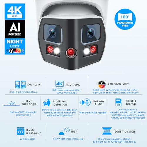 Image of VIKYLIN 4K 8MP Dual Lens Poe IP Security Camera Outdoor with 180 Panoramic Wide Angle, Full Color /EXIR2.0 Night Vision,Human /Vehicle Detection,2-Way Talk, Micro SD(512G),IP67,Blue Iris,NDAA Compliant