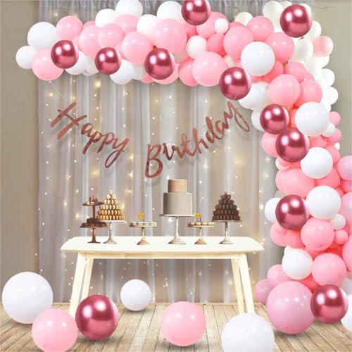 Image of Happy Birthday Balloons Decoration Kit - 55 Pcs Pink, White & Chrome Balloon with Banner Garland Set for Birthday Parties & Celebrations | Birthday Decoration Items for Kids & Girls