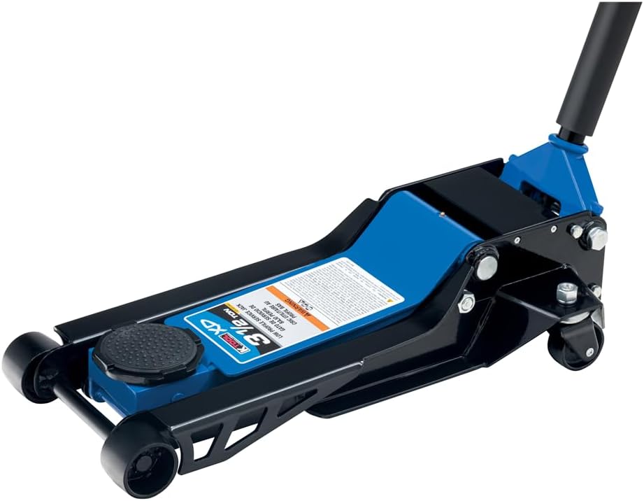 K Tool International XD13002 3.5 Ton Low Profile Service Floor Jack for Garages, Repair Shops, and DIY, 7,000 lbs. Capacity, Hydraulic Lifting Range 3.5" - 21.38", Dual Pump, Alloy Steel, Black/Blue