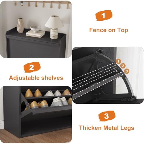 GarveeHome Shoe Cabinet with 3 Flip Drawers, Wooden Shoe Organizer Cabinet with Adjustable Shelf, Shoe Storage for Entryway, Hidden Shoe Cabinet for Hallway, Living Room, Black