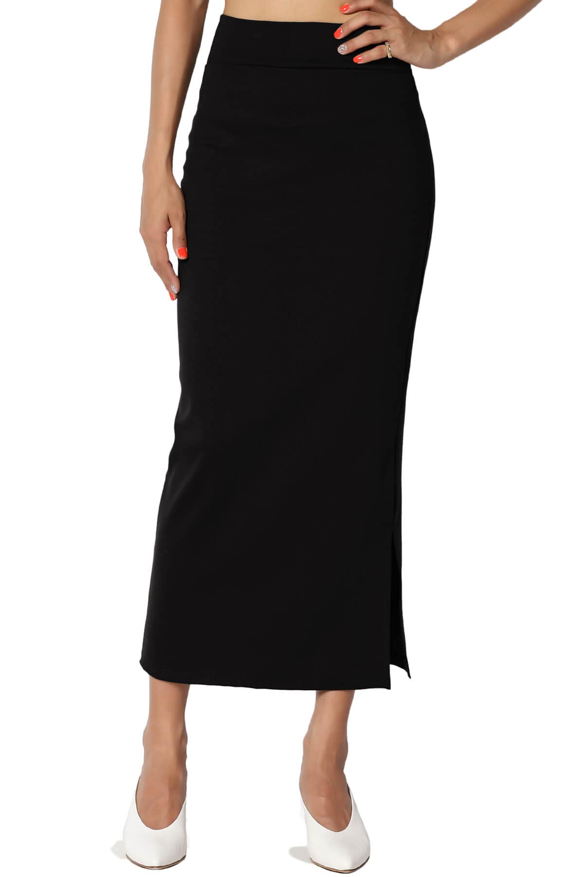 TheMogan S~XL Side Slit High Waist Stretch Ponte Knit Mid Calf Long Pencil Skirt