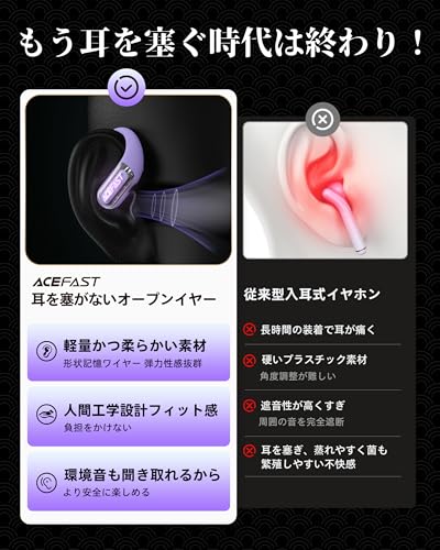 undefined 【iFデザイン賞殿堂入り!!】ACEFAST オープンイヤー イヤホン LED雰囲気呼吸ライト Bluetooth 5.4 完全ワイヤレス ランニング・スポーツイヤホン 軽量 耳を塞がない 急速充電 タイプC マイク付き ノイズキャンセリング通話 左右分離型 耳掛け 空気伝導 ACEFIT Pro パープル の商品画像 5