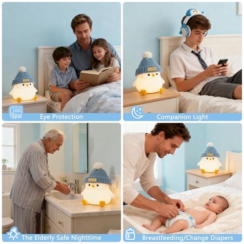 Image of FAMIDUO Penguin Night Light with Knit Hat, Cute Silicone Nursery Lamp - Dimmable Squishy Animal Light - Heartwarming Gift for New Mom, Kids Birthday & Baby Shower - Kids Room Decor