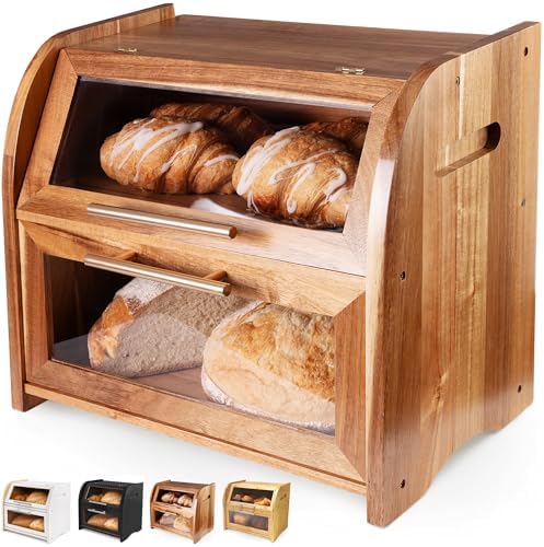 Arise Stylish Acacia Bread Box for Kitchen Countertop, Extra Larg...