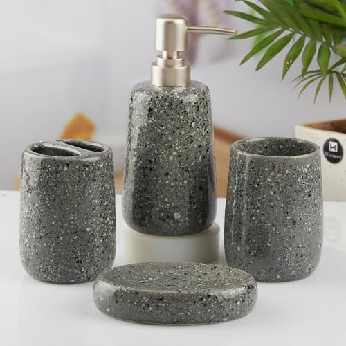 Image of Kookee Ceramic Bathroom Accessories Set 4 Piece - Soap Dispenser, Toothbrush Holder, Tumbler & Soap Dish | Modern Grey Countertop Decor for Home & Guest Bathroom (10384)
