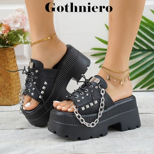 Image of Gothniero women black platform sandals goth chunky wedge heel summer sandals girls gothic punk platform sandals for women metallic spider buckles slides size 5.5-11