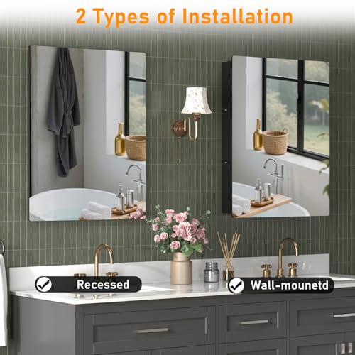 Image of Black Medicine Cabinet with Mirror, 15x20 Inch Bathroom Mirror with Storage, Waterproof Metal Recessed and Surface Mount Medicine Cabinets, Stable and Removable 2 Glass Shelves, Easy Installation