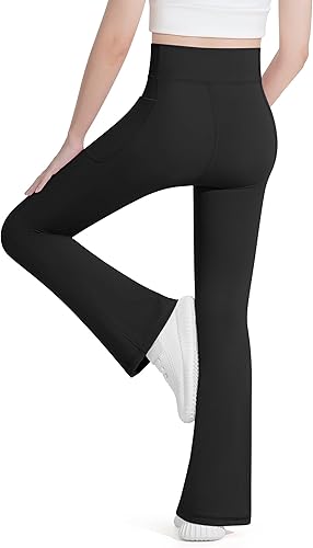 Miniatura 2 de HASMES Leggings acampanados para niñas con bolsillos, parte inferior acampanada, cintura alta, pantalones de yoga para danza, ropa deportiva