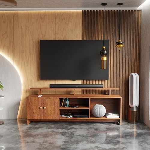 Image of TV Unit for Living Room | TV Stand Table | Wooden TV Cabinet | TV Table Furniture for Home & Living Room | Assembly-DIY | Color-Cherry Pine