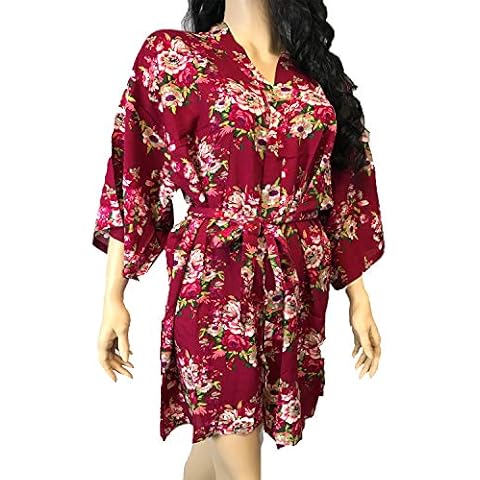 LMC Bridal Women Cotton Floral Robes Flower Design Getting Ready for Bride and Bridesmaids… (Burgundy) Cover