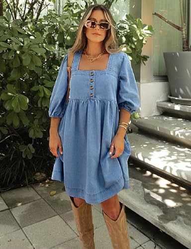 Skirt BL Denim Dress for Women Square Neck Jean Dress 3/4 Sleeve Babydoll Tiered Summer Dresses with Pockets 20253