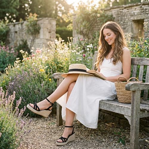 Image of Dressy Open Toe Sandals Platform Wedge Sandals with Cushioned Insole and Ankle Strap Buckle,Strappy Espadrille Wedge Sandals for Women Comfortable Summer