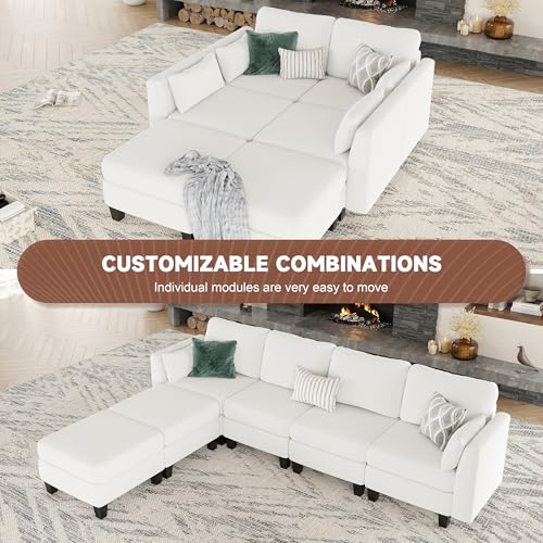 Modular Sectional Sofa, Convertible U Shaped Sofa Couch with High Density Memory Foam, 6 Seat Comfy Modular Sofa Couch for Living Room, Modern U Shaped Sectional Sofa, White