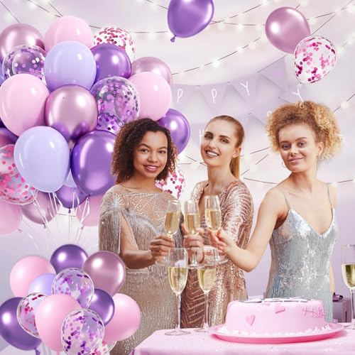 Image of 61pcs Pink and Purple Balloons, 12 Inch Purple Pink Confetti Latex Balloons, Metallic Balloon for Bridal Baby Shower Wedding Women Birthday Party Decorations