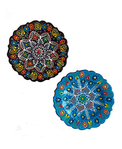 Ayennur Turkish Decorative Plates Set of 2-7.08" Multicolor Handmade Ceramic Ornament for Home&Office Wall Hanging Decors