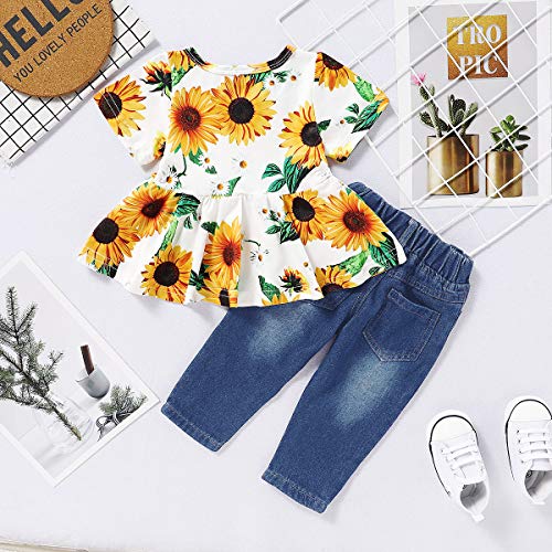 Image of CARETOO Girls Clothes Outfits, Cute Baby Girl Floral Long Sleeve Pant Set Flower Ruffle Top