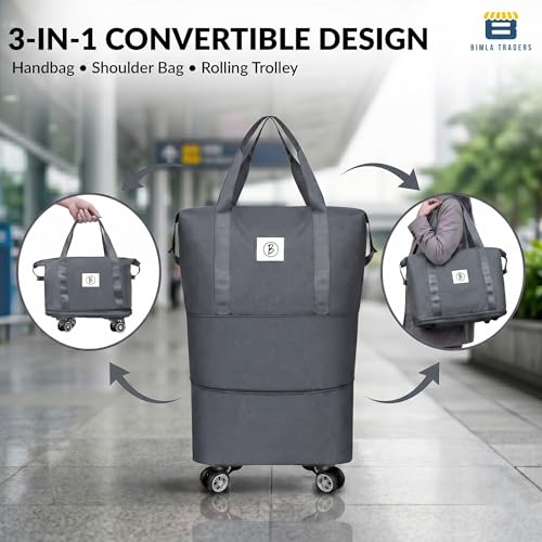 Image of Btag Travel Duffle Bag with Wheels | Convertible Handbag, Trolley & Shoulder Luggage for Clothes | Space-Saving Foldable Travel Companion | Expandable & Waterproof Traveling Bag for Unisex (Grey)