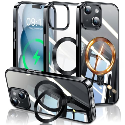 Image of ESTPEAK Titanium Black CD Mag-Stand Case for iPhone 15 Case with Invisible Magnetic Ring, [Fit for MagSafe] [Never Yellowing] Top Clear Phone Case Cover for iPhone 15 6.1 inch Men Women